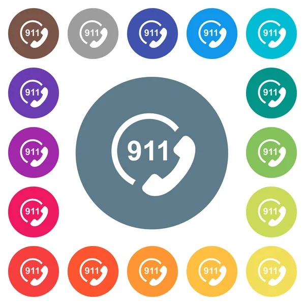 Chiamata Emergenza 911 Piatto Icone Bianche Sfondi Colore Rotondo Variazioni — Vettoriale Stock