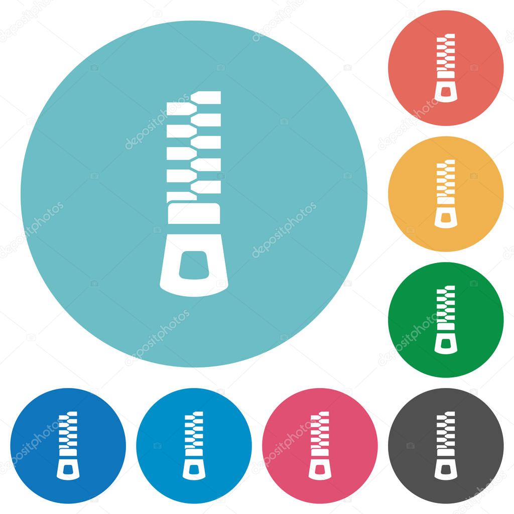 Vertical zipper flat white icons on round color backgrounds