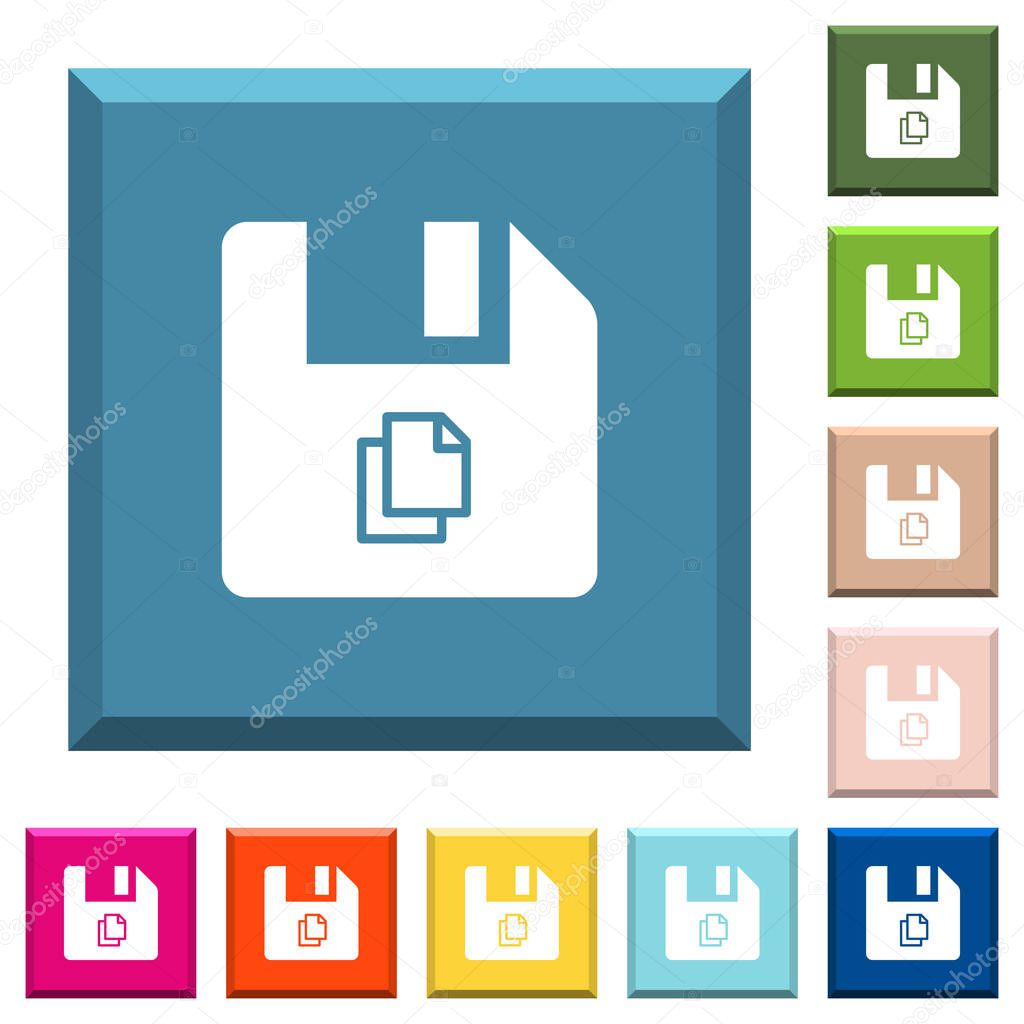 Copy file white icons on edged square buttons in various trendy colors