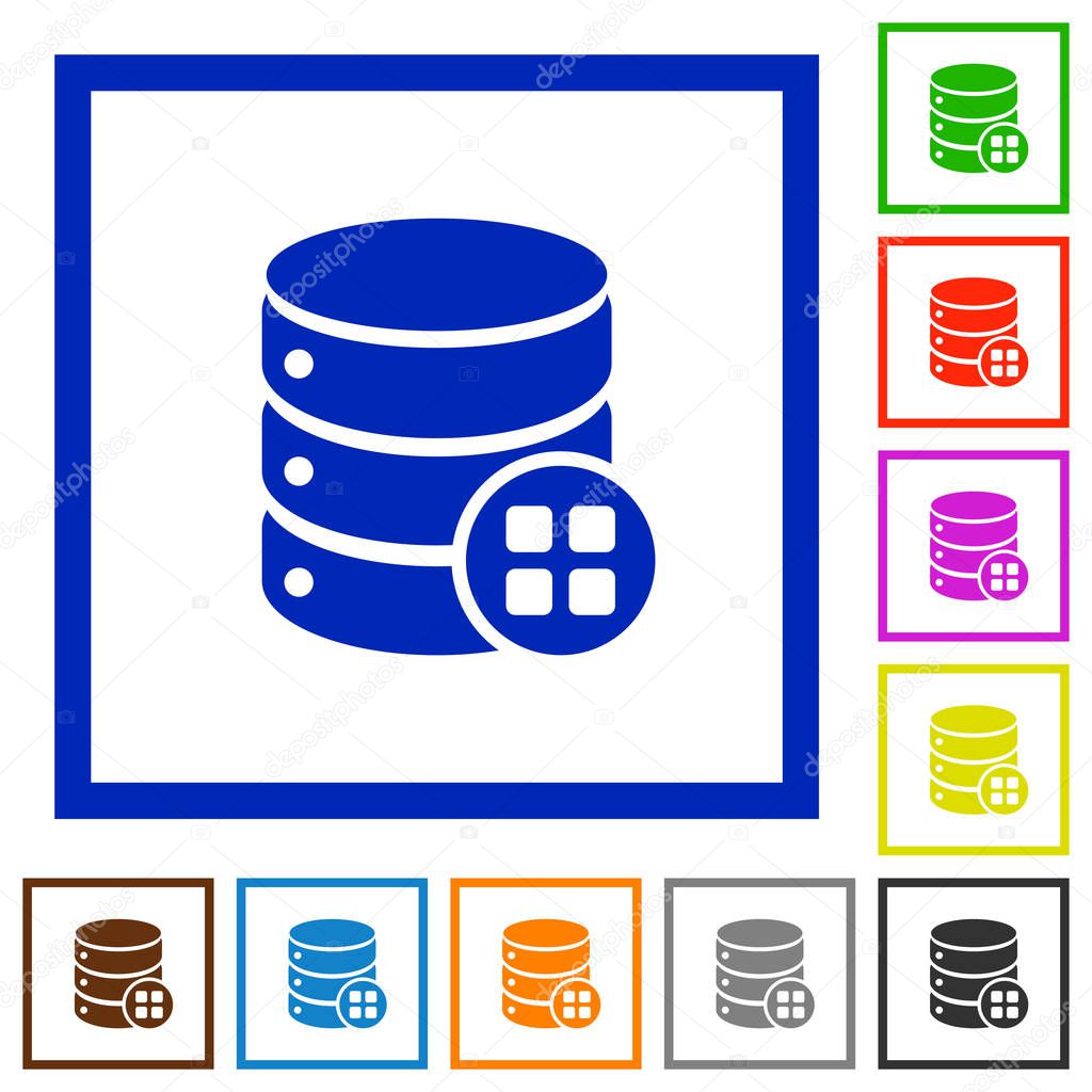 Database modules flat color icons in square frames on white background