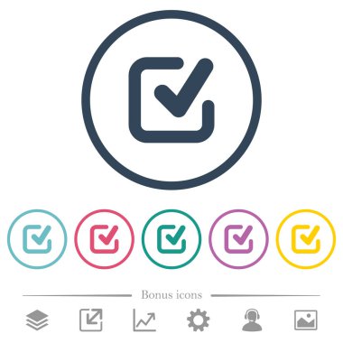 Onay işareti düz renkli simgeler yuvarlak özetliyor. 6 bonus simgeler dahil.