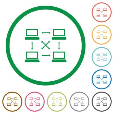 İçerik dağıtım ağı düz renk simgeleri özetliyor beyaz arka plan üzerinde yuvarlak