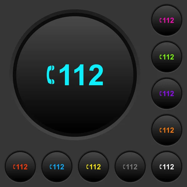 紧急呼叫112深色按钮 在深灰色背景上生动的颜色图标 — 图库矢量图片