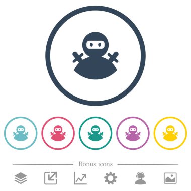 Ninja avatar düz renkli simgeler yuvarlak özetliyor. 6 bonus simgeler dahil.