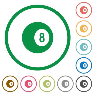 Anahatlar beyaz arka planda siyah sekiz bilardo topu düz renk simgeleri yuvarlak