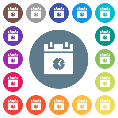 Olay saat düz beyaz simgeler yuvarlak renkli arka planlar üzerinde zamanlayın. 17 arka plan renk değişimleri dahil.