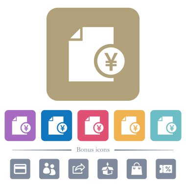 Yen mali rapor beyaz düz simgeler renk üzerinde kare arka planlar yuvarlanır. 6 bonus simgeler dahil