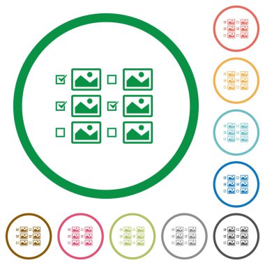 Beyaz arka plan üzerinde yuvarlak özetliyor onay kutularını düz renk simgeleri ile birden çok görüntü seçimi