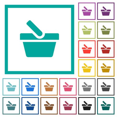 Beyaz arka plan üzerinde çeyreği çerçevelerle alışveriş sepeti düz renk simgeleri