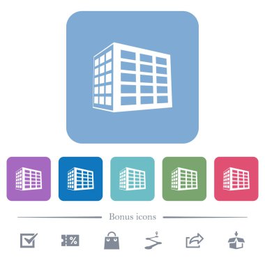 Ofis bloğu beyaz düz simgeler renk üzerinde kare arka planlar yuvarlanır. 6 bonus simgeler dahil