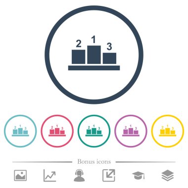 Kazanan podyum ile dış numaraları düz renk simgeleri yuvarlak özetliyor. 6 bonus simgeler dahil.