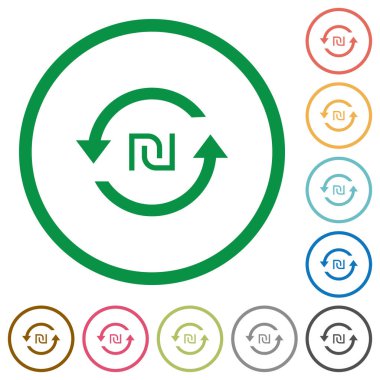 Yeni şekel ödeme geri düz renk simgeleri beyaz arka plan üzerinde yuvarlak özetliyor