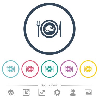 Biftek düz renk simgeleri ana hatları yuvarlak öğle yemeği için. 6 bonus simgeler dahil.