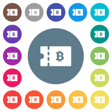 Bitcoin indirim kupon düz beyaz simgeler yuvarlak renkli arka planlar üzerinde. 17 arka plan renk değişimleri dahil.