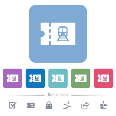 Demiryolu indirim kupon beyaz düz simgeler renk üzerinde kare arka planlar yuvarlanır. 6 bonus simgeler dahil