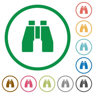 Beyaz arka plan üzerinde yuvarlak özetliyor dürbün düz renk simgeleri