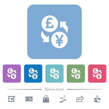 Pound Yen para Satım beyaz düz simgeler renk üzerinde kare arka planlar yuvarlanır. 6 bonus simgeler dahil