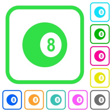 Beyaz arka plan üzerinde eğri sınırları içinde düz simgeler siyah sekiz bilardo topu canlı renkte