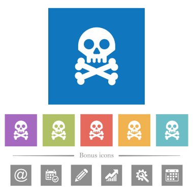 Kafatası kemikleri ile düz kare arka plan beyaz simgeler. 6 bonus simgeler dahil.