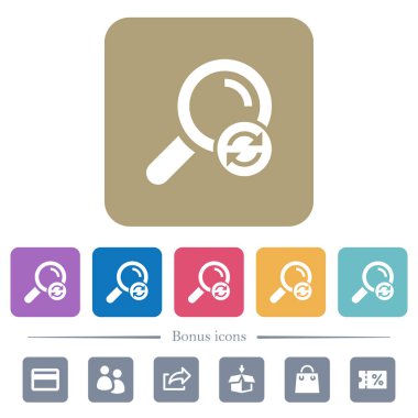 Yuvarlak renkli kare arka planlar üzerinde arama beyaz düz simgeler sıfırlayın. 6 bonus simgeler dahil