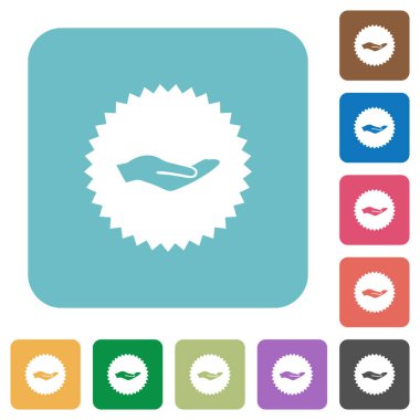 Kare arka planlar renk etiket beyaz düz simgeleri elinde yuvarlak