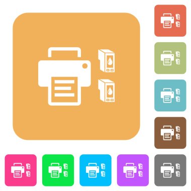 Düz yuvarlak kare canlı renkli arka planlar simgeleri yazıcı ve mürekkep kartuşları.