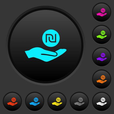 İsrail Yeni Şekeli kazanç karanlık tuşlar koyu gri arka plan üzerinde canlı renkler simgelerle