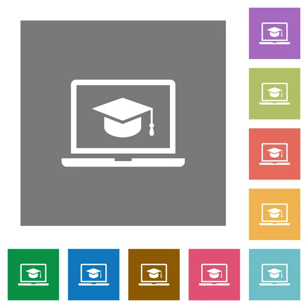 在笔记本电脑平面图标上的网络研讨会在简单的颜色正方形背景 — 图库矢量图片