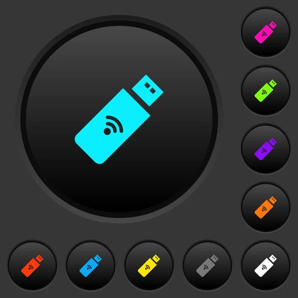 Wireless Usb Stick Dark Push Buttons Vivid Color Icons Dark — Stock Vector