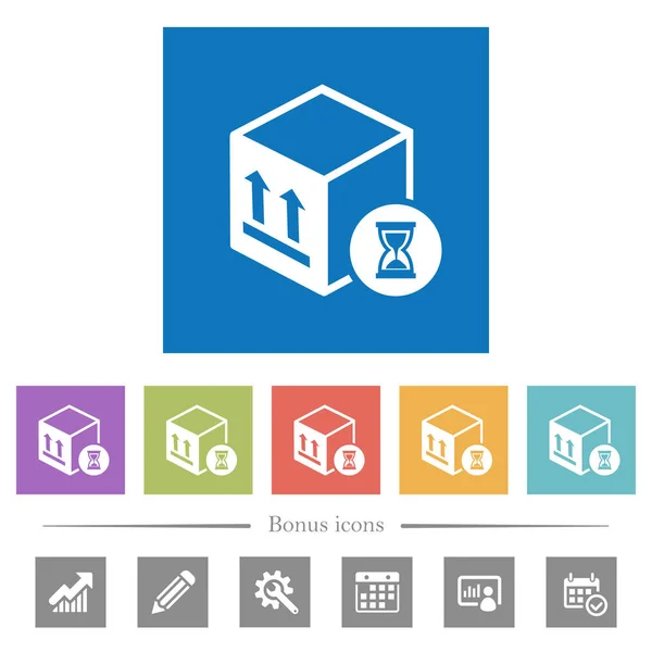 正在进行的包交付平面白色图标在方形背景 包含6个奖金图标 — 图库矢量图片