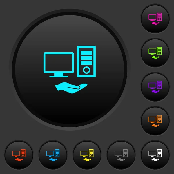暗い灰色の背景に色鮮やかなアイコンとコンピューター暗いプッシュ ボタンを共有 — ストックベクタ