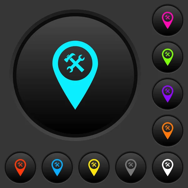 ワーク ショップ サービス Gps マップ場所暗い暗い灰色の背景に色鮮やかなアイコンとボタンを押す — ストックベクタ