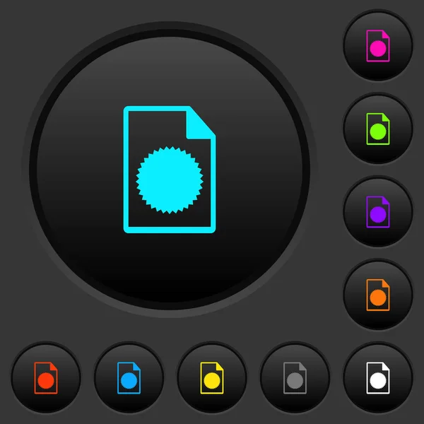 Archivo Certificado Pulsadores Oscuros Con Iconos Color Vivos Sobre Fondo — Vector de stock