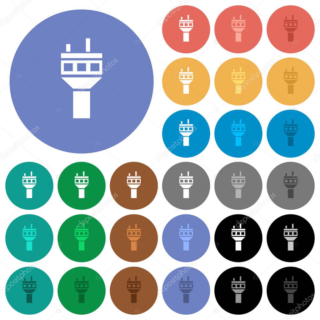 Air control tower multi colored flat icons on round backgrounds. Included white, light and dark icon variations for hover and active status effects, and bonus shades.
