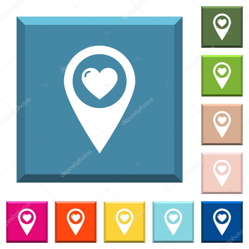 Favorite GPS map location white icons on edged square buttons in various trendy colors