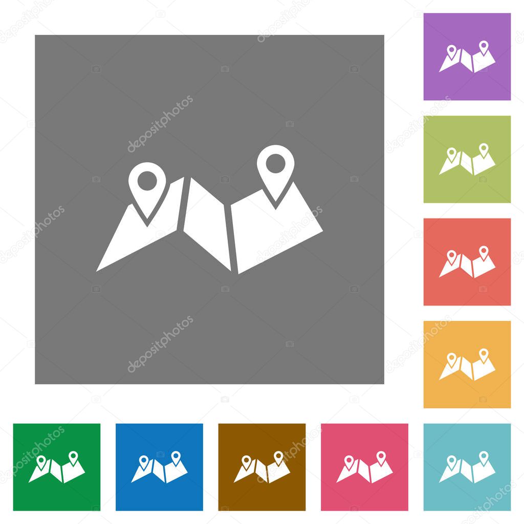 Route plan flat icons on simple color square backgrounds