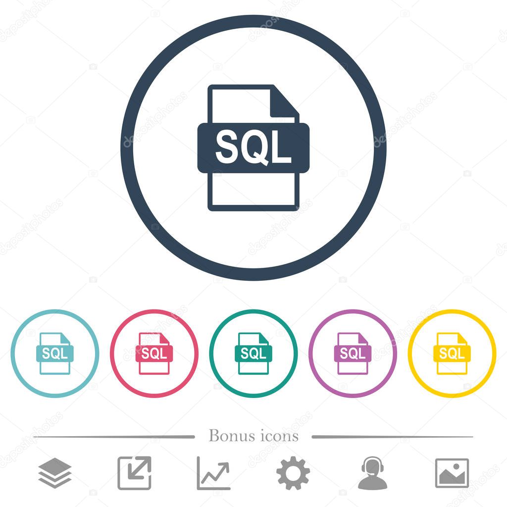 SQL file format flat color icons in round outlines. 6 bonus icons included.