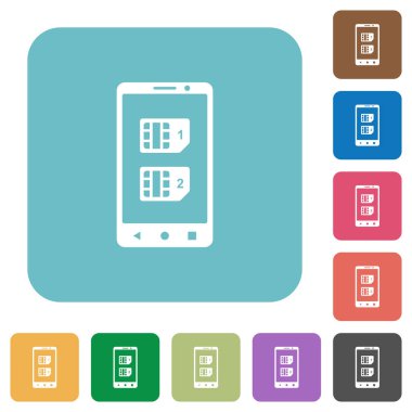 Çift Sim Telefon beyaz düz simgeler renk üzerinde yuvarlak kare arka planlar