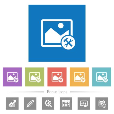 Görüntü araçları kare arka plan beyaz simgeler düz. 6 bonus simgeler dahil.