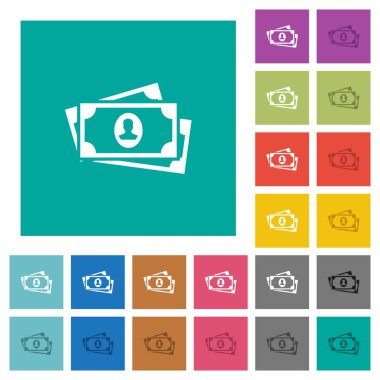 Portre multi ile daha fazla banknot düz simgeler düz kare arka plan üzerinde renkli. Beyaz ve koyu kutsal kişilerin resmi varyasyon hover veya etkin efektleri dahil.