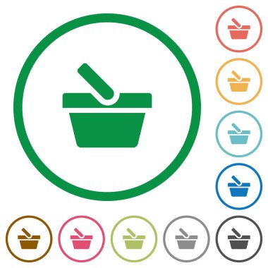 Alışveriş sepeti düz renk simgeleri özetliyor beyaz arka plan üzerinde yuvarlak