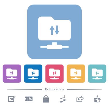 FTP veri trafiği beyaz düz simgeler renk üzerinde kare arka planlar yuvarlanır. 6 bonus simgeler dahil