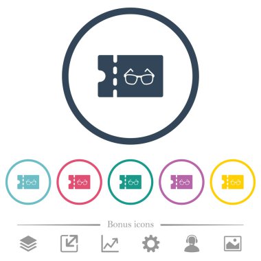 Gözlükçü dükkanı indirim kupon düz renk simgeleri ana hatları yuvarlak. 6 bonus simgeler dahil.