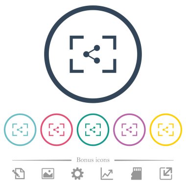 Kamera paylaşım görüntü düz renkli simgeler yuvarlak özetliyor. 6 bonus simgeler dahil.