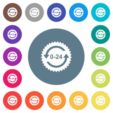 oklar düz beyaz simgeleri yuvarlak renkli arka planlar ile 24 saat etiket. 17 arka plan renk değişimleri dahil.