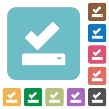 Kare arka planlar renk üzerinde başarıyla kaydedilmiş beyaz düz simgeler yuvarlak