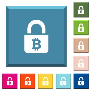 Modaya uygun çeşitli renklerde ucu keskin kare düğmeleri Bitcoins beyaz simgeler kilitli