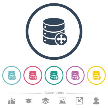 Veritabanı düz renk simgeleri yuvarlak Anahatlarda taşıyın. 6 bonus simgeler dahil.