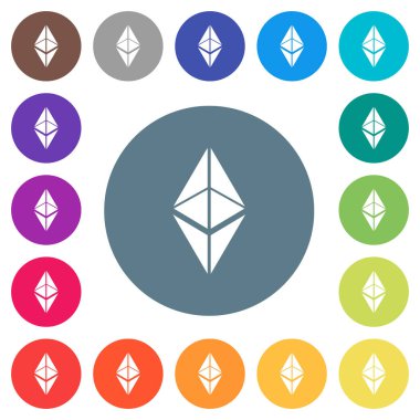Ethereum dijital cryptocurrency düz beyaz klasik simgeleri yuvarlak renkli arka planlar. 17 arka plan renk değişimleri dahil.
