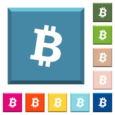 Bitcoin dijital cryptocurrency beyaz simgeleri çeşitli moda renklerde ucu keskin kare düğmeleri